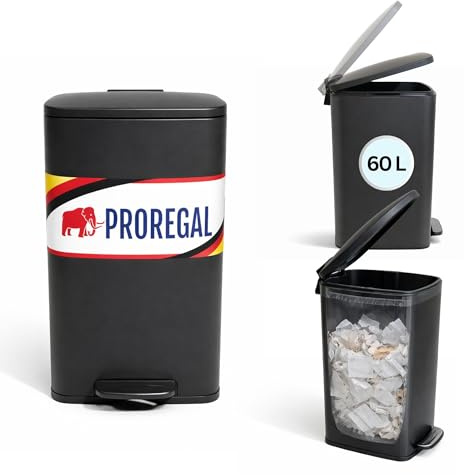 PROREGAL Mülleimer Küche Bad 60L, Abfalleimer mit Softclose & Stay-Open Deckel, Fußpedal & Inneneimer | Stahl, Matt Schwarz | rechteckiger Treteimer mit Inneneimer, Tretmülleimer 60 Liter
