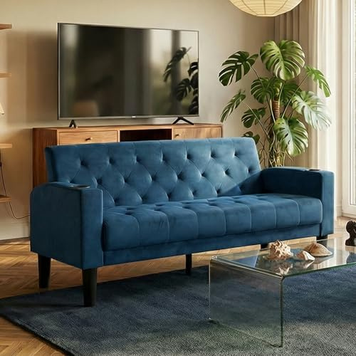 GRAVFORCE Sofa 2 Sitzer Couch mit 2 Ladeports (1, Blau, Sofa) | 151cm 2er Sofa Klein mit Becherhaltern, Moderne Couch für Jugendzimmer, Wohnzimmer, Wohnung, Büro, Einfache Montage
