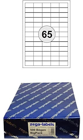 32.500 Etiketten 38 x 21,2 mm selbstklebend auf DIN A4 Bögen (5x13 Etiketten) - 500 Blatt Bigpack - Universell für Laser/Inkjet/Kopierer/Farblaser einsetzbar
