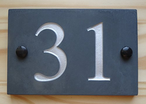 Natural Honed Slate Deep Engraved House Door Gate Number Sign Plaque 1-9999 (10 x15cm up to 2 digits only, Silver)