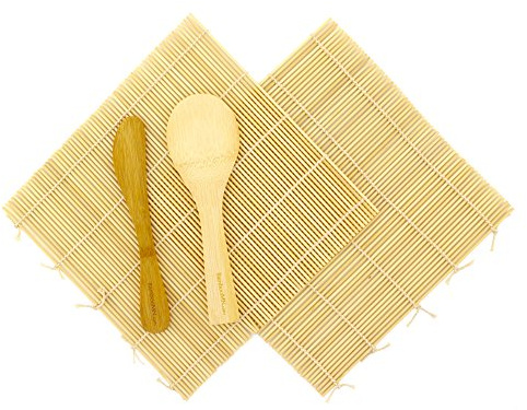BambooMN Sushi Making Kit, 2X Natural Bamboo Sushi Mat, Paddle, Spreader | 100% Bamboo Sushi Rolling Mat Set