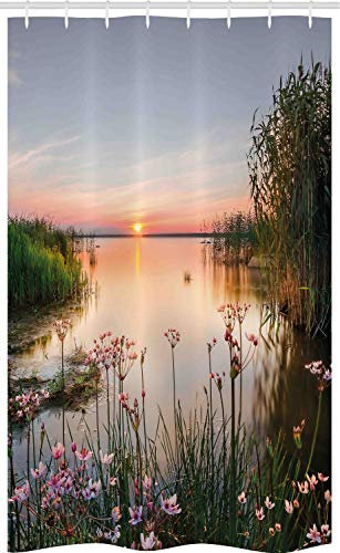 ABAKUHAUS Natur Schmaler Duschvorhang, Sonnenuntergang Chudskoy See, Badezimmer Deko Set aus Stoff mit Haken, 120 x 180 cm, Baby Blue Hellrosa