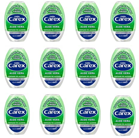 Carex Aloe Vera Antibacterial Hand Sanitiser Gel, Anti Viral Action, 70 Percent Alcohol, Cleans, Cares and Protects, Bulk Buy, Pack of 12 x 50 ml