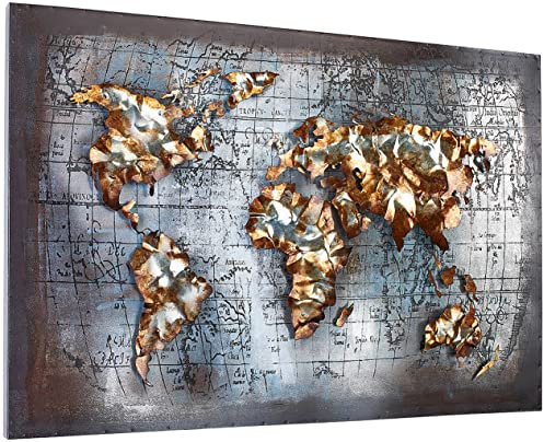 Kobolo Wandbild Wanddeko Metallbild 3D-Bild - WORLD - Metall - grau gold - 108x72 cm