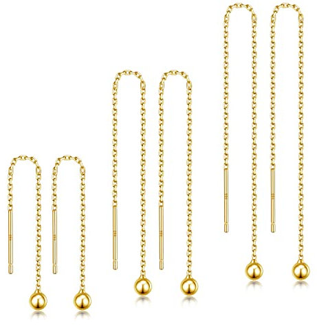 LINGBG JEWELRY 3 Paar Einfdel-Ohrringe - 925 Sterling Silber lange Kette - Bar/Ball Wrap Einfdel-Ohrringe fr Frauen - leichtes minimalistisches Schmuck-Set