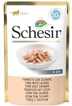 Schesir Cat Jelly Thunfisch mit Lachs, Katzenfutter nass, 30 Beutel x 50 g