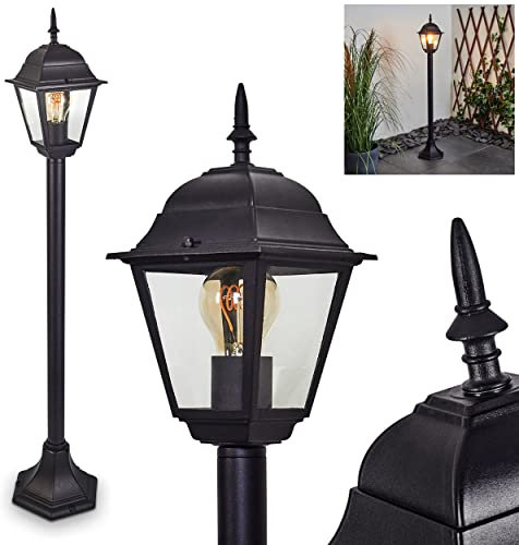 Außenwegeleuchte Naofe, Außenlampe in antikem Look aus Metall/Glas in Schwarz/Klar, Retro/Vintage Gartenlampe 105,5 cm, Wegeleuchte m. Klarglas-Scheiben für Terrasse/Hof, 1 x E27 max. 40 Watt, IP43