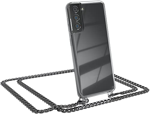 EAZY CASE Handykette kompatibel mit Samsung Galaxy S21 5G Handyhülle mit Metal Umhängeband und Ersatz Kordel schwarz, Handykordel mit Schutzhülle, Stylische Kette, Metal - Anthrazit