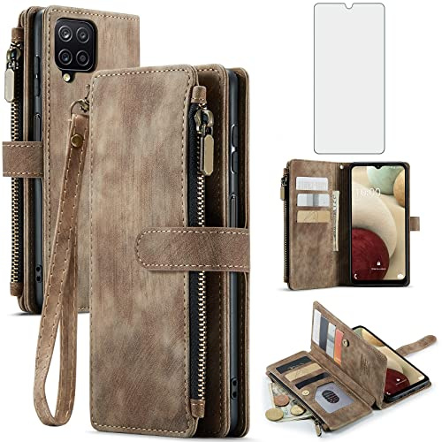 Asuwish Handyhülle für Samsung Galaxy A12/M12 Hülle mit Folie Schutzfolie Kartenfach Klappbar Leder Geldbörse Ständer A 12 Nacho 4G 5G Handy Hüllen Schutzhülle Schutzglas Panzerfolie Phone Case Braun