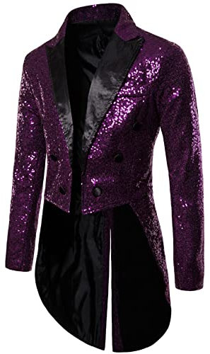 Dubute Smokingjacke Herren Schwalbenschwanz Glänzende Pailletten Blazer Anzug Jacke Slim Fit Party Magic Show Frack Cosplay Kleid Blazer Mäntel, violett, 44