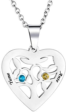 SPETYORT Collier Personnalisé 2-7 Noms de Famille pour Femme Fille - Collier Pendentif Arbre de Vie en Cœur Gravure Prénom avec Pierres de Naissance Acier inoxydable Cadeaux pour Mères Amies (2 Noms)