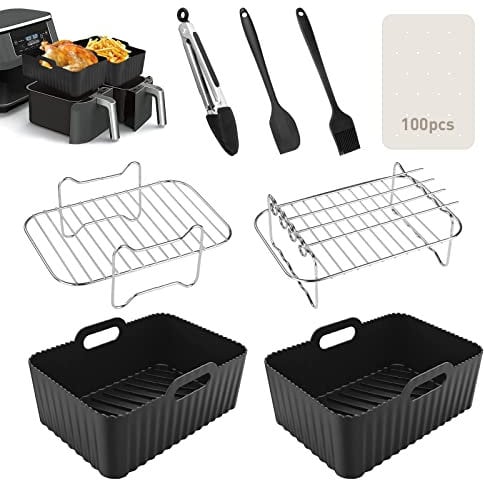 Lvelfe Air Fryer Accessories, Set of 8 for Ninja Dual AF300UK AF400UK Including Silicone Liner & Racks Paper Lining etc Compatible with Oven, Microwave
