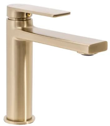 Rea Waschtischarmatur VERSO BRUSH GOLD LOW Wasserhahn Bad Badarmatur aus Messing Armatur für Waschbecken Badezimmer Mischbatterie Waschbecken Einhebel (Gebürstetes Gold)