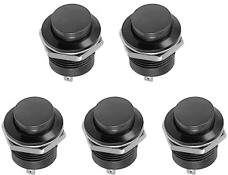 Rebower Pulsador Botón Interruptor SPST 1 NO Momentáneo Botón redondo, [para Luz Bricolaje Proyecto] - 16mm / Negro / 5uds