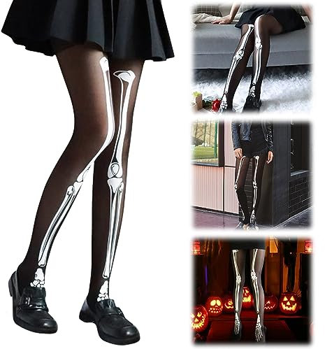 Halloween Netzstrumpfhose Schwarz: Skelett Strumpfhosen Damen Fishnet Stockings, Sexy Nylonfishnet Stockings, Mode Elastische Strumpfhose mit Muster, Hexenvampire Carnival Theme Party Kleidungszubehör
