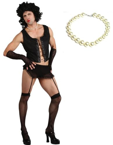 A2ZFD Adult Mens Funny Rock Guy Costume + Wig + Faux Pearl Necklace : Drag Show TV 70s Film Musical Fancy Dress (X-Large)