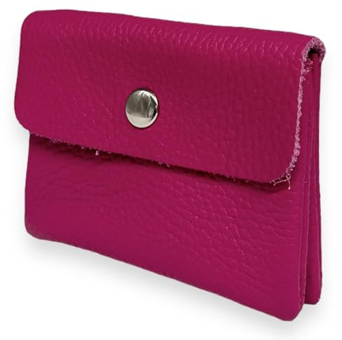 Portemonnaie Damen klein Leder mit Münzfach und Knopf Mini Geldbörse Brieftsche Geldbeutel Echtleder (Pink)