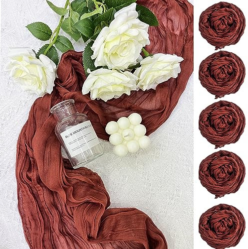 QeeFop 5 Stück 90 x 400 cm Tischläufer Musselin Stoff Tischdeko Hochzeit Boho Gaze Käsetuch Tischläufer für Hochzeit, Geburtstag, Tischdekoration (Terrakotta)