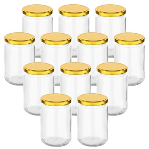 gouveo 12er Set Einmachgläser 350 ml rund mit Schraubdeckel goldfarben - Vorratsgläser mit Schraubverschluß - Schraubgläser zum Einkochen und Aufbewahren