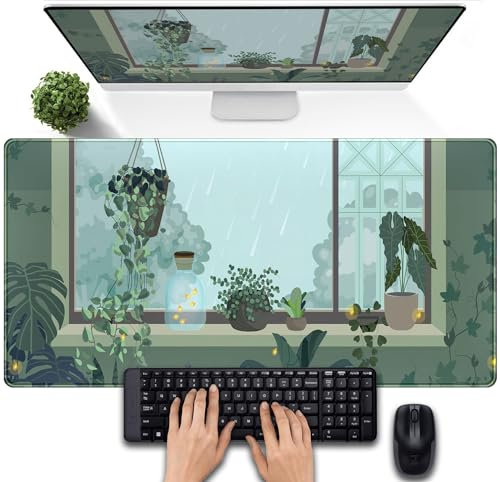 Green Desk Pad Gaming Mat Kawaii Mouse Pad, Laptop Keyboard and Mouse Mat XXL Full Desktop Mat Office Plants Desk Cover Mat, Large Desk Mats Desk Decor Aesthetics Desk Accessories 31.5x15.75