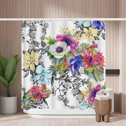 Woutay Shower Curtain Water Repellant Fabric Colorful Garden Flowers,Mould Proof Resistant,Polyester,Size 180x180CM