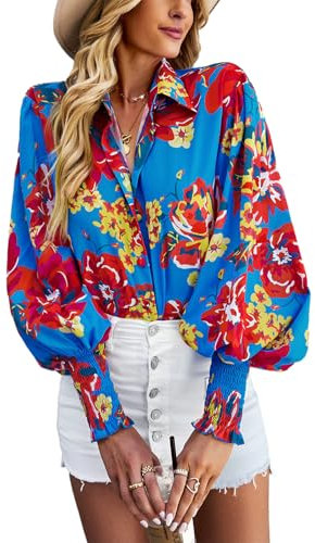 HUXRAKV Blouses for Women Dressy Casual Long Sleeve Button Down Shirts Floral Printed Fall Blouses with Lantern Sleeve Tops,WD15-Blue,L
