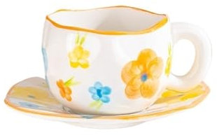 AMEEDA Cup and Saucer Set Creative Ceramic Mug Hand-Painted Flower Clouds Coffee Cup with Saucer Irregular Handmade Cup Breakfast Milk Tea Cups Coffee Cup and Saucer Set(Yellow Campanula)