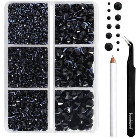 BEADSLAND pedreria hotfix,4000 PCS piedras negra strass termoadhesivas diamantes cristales para manualidades,Kit mixto de 6 tamaños con lápiz de cera y pinzas,SS6-SS30,Negro Rhinestones