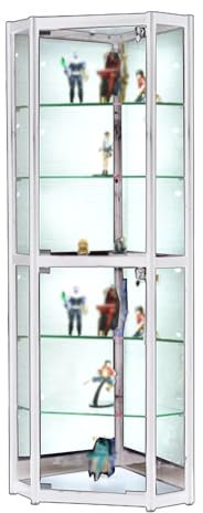 Kurio-Kabinett, gewölbt, Antik-Weiß, Schwarz, Eck-Glas-Vitrine mit Lichtern, Deko, transparente Figur, Trophäenkoffer, verstellbare Regale, 6 Etagen, Weiß (Weiß, 180 x 40 x 40 cm/70,8 x 15 x 15 x 15)