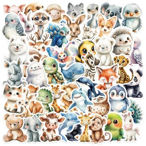 50 Stück Tiere Sticker Set Süße Tiersticker Aufkleber Tiere Kinder Vinyl Wasserdichte Sticker mit Niedlichen Aquarellen Tiere Motiven für Kindle Scrapbook Laptop Telefon Wasserflasche Fahrrad Koffer