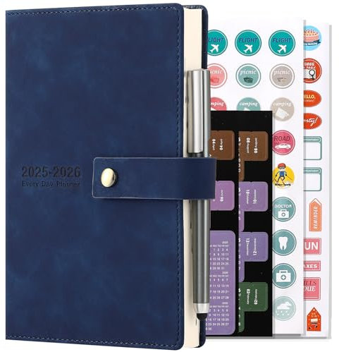 Akademischer Terminkalender 2025–2026, Tagesplaner, A5 Tag pro Seite, Tagesplaner von Juli 2025–Juni 2026, fester Einband, Organizer, Tagebücher mit Stift, Lesezeichen, monatlichen Registern