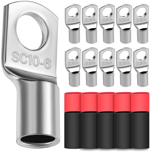 10 capicorda 10 mm², diametro foro M6, capicorda ad anello, in rame ispessito, non isolato, con 10 tubi termoretraibili 3: 1