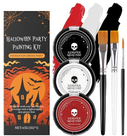 Nevalerra Maquillage pour le visage, Halloween, peinture corporelle, blanc, noir, rouge, avec pinceaux, maquillage pour hommes et femmes, Halloween, fête, événements, cosplay