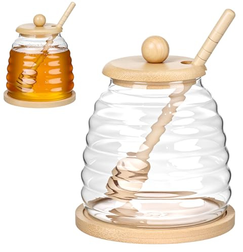 QWORK® 500 ml Honigglas aus Glas mit Deckel und Löffel, hochwertiges Borosilikatglas, Honigglas zum Aufbewahren und Ausgeben