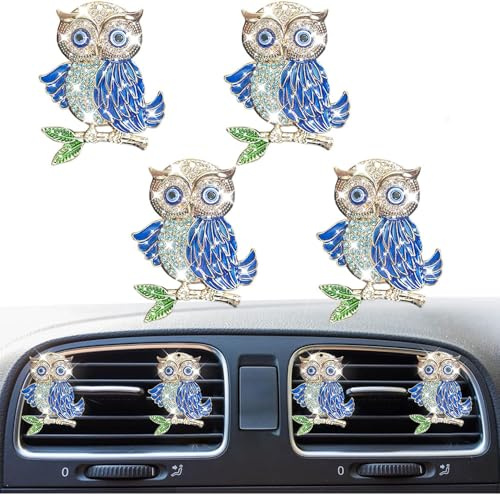 Lot de 4 clips à strass pour grille d'aération de voiture - Motif chouette sur l'arbre - Décoration d'intérieur de voiture - Pour femme - Bleu