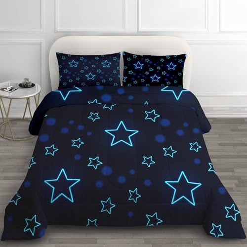GEDAEUBA Bettdecke 200x220 Sterne Kinder - Marineblau Sternenhimmel Deko, 4 Jahreszeiten Bettdecken 200 x 220, Steppdecke Ohne Bezug Nutzbar, Warme & Weiche Ganzjahresdecke mit 2 Kissenbezug