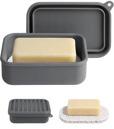 Portable Travel Soap Case, Soap Dish with Lid and Draining Layer | Silicone Travel Soap Box for Shower, Bathroom, Gym, School, Camping
