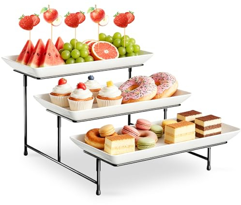 LLHONG 3 Tier Serving Tray for Party Supplies, Wedding Serving Platter | White Reusable Trays | with Black Metal Display Stand | for Buffets Cake Snack Veggie Fruit Cookies Dessert