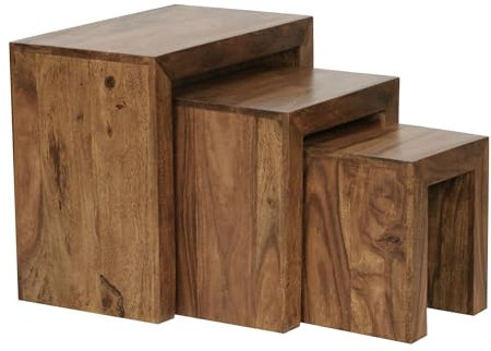 Wohnling 3er Set Satztisch Massiv-Holz Sheesham Wohnzimmer-Tisch Landhaus-Stil Beistelltisch dunkel-braun Naturholz