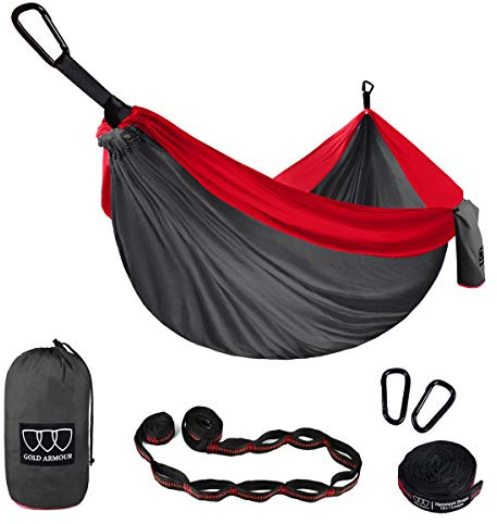 Gold Armour Camping Hammock - XL Double Hammock Portable Hammock Camping Accessories Gear for Outdoor Indoor with Tree Straps, USA Based Brand (Gray and Red)