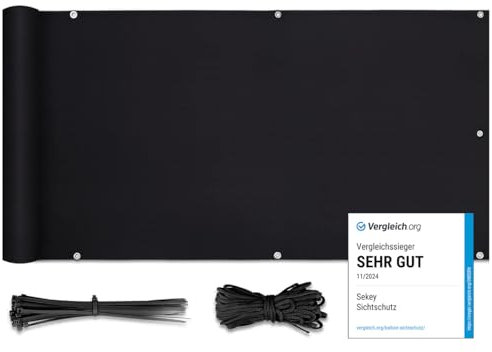 Sekey Balkon Sichtschutz PES Blickdichte Wetterfest Windschutz für den Gartenzaun oder Balkon, Schutz vor neugierigen Blicken, mit Ösen, Nylon Kabelbinder und Kordel, 0.9×5m Schwarz