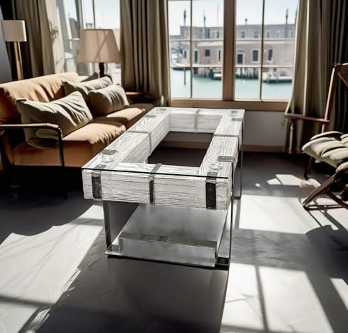 CHYRKA® Couchtisch LEMBERG Wohnzimmertisch Massivholz Glastisch Holz Glas Loft Handmade Vintage Deco (LEMBERG-Weiss, 120x60 cm H=50 cm)