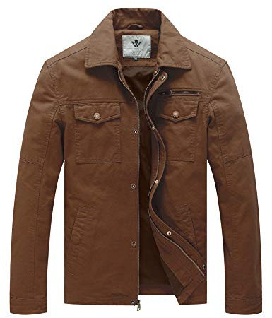 WenVen Homme Veste en Coton Coupe-Vent Blouson d'Extérieur Décontractée Manteau Classique Elégant Veste Militaire Manteau Randonnée Automne Brun M