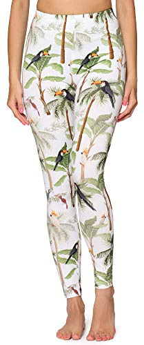 Merry Style Damen Lange Leggings mit Allover Print Muster bunt MS10-338(Weiß/Palmen/Tukane,XS)