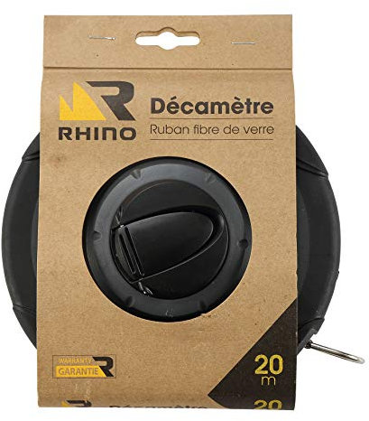 RHINO - Mètres d'arpenteur/Mètres à ruban 20m - Décamètre mesure longue - Mètre ruban (en fibre de verre) - Boite antichoc avec poignée de maintien - Longueur 20 m - Garantie 5 ans