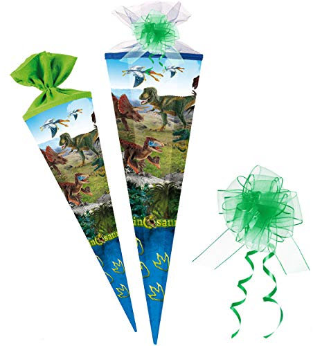 Schultüte Größenwahl Dinosaurier - Dinosaurs/Dino - 100 cm - eckig - incl. Schleife - Tüllabschluß - Zuckertüte - mit/ohne Kunststoff Spitze - Nestler..