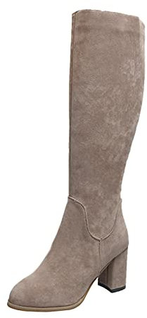 Xmiral Damen Knielange Stiefel Mit Dicker Absatz Retro Elastische Einfarbige Hochhackige Mittelhohe Stiefel Mit Rei遶erschluss (Beige, 37)