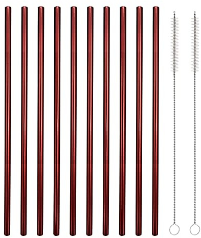 Stainless Steel Straws 10 Pack Reusable Straws Straight Metal Straws with 2 Cleaning Brushes (8.5 Inch, Red)