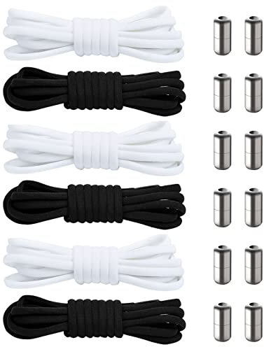 GOTRUST 6 Pares Cordones Elásticos Sin Lazo, Deportivos Ajustables, Negro Blanco Con Hebilla Metal Para Zapatillas de Deporte y Zapatos Casuales
