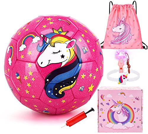 TCJJ Fußball Kinder Größe 3 Set Mit Pumpe Und Kordelzugbeutel, Unicorn Fußball für Kleinkinder Mädchen Jungen 3-12 Jahre, Fußballgeschenke Zu Weihnachten, Ostern Und Geburtstag